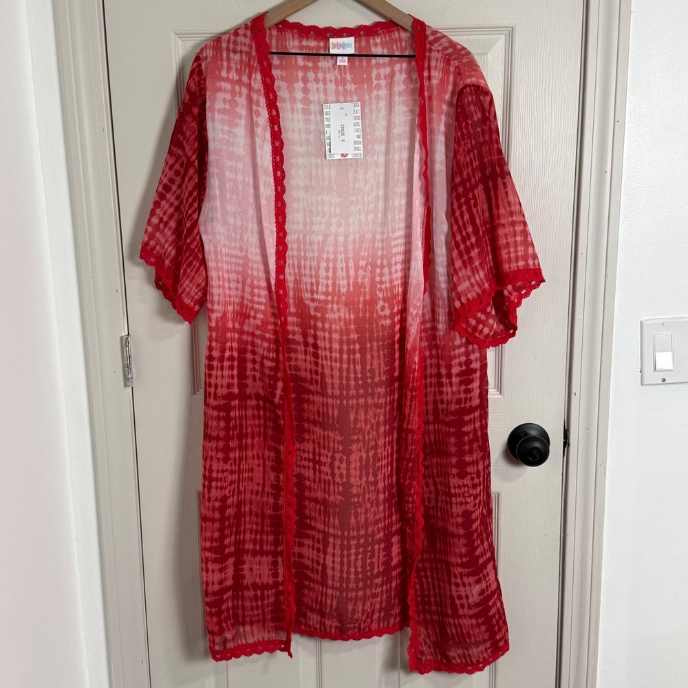 LuLaRoe Chloe Kimono Womens Small Red White Tie Dye Lace Trim Chiffon Boho Wrap